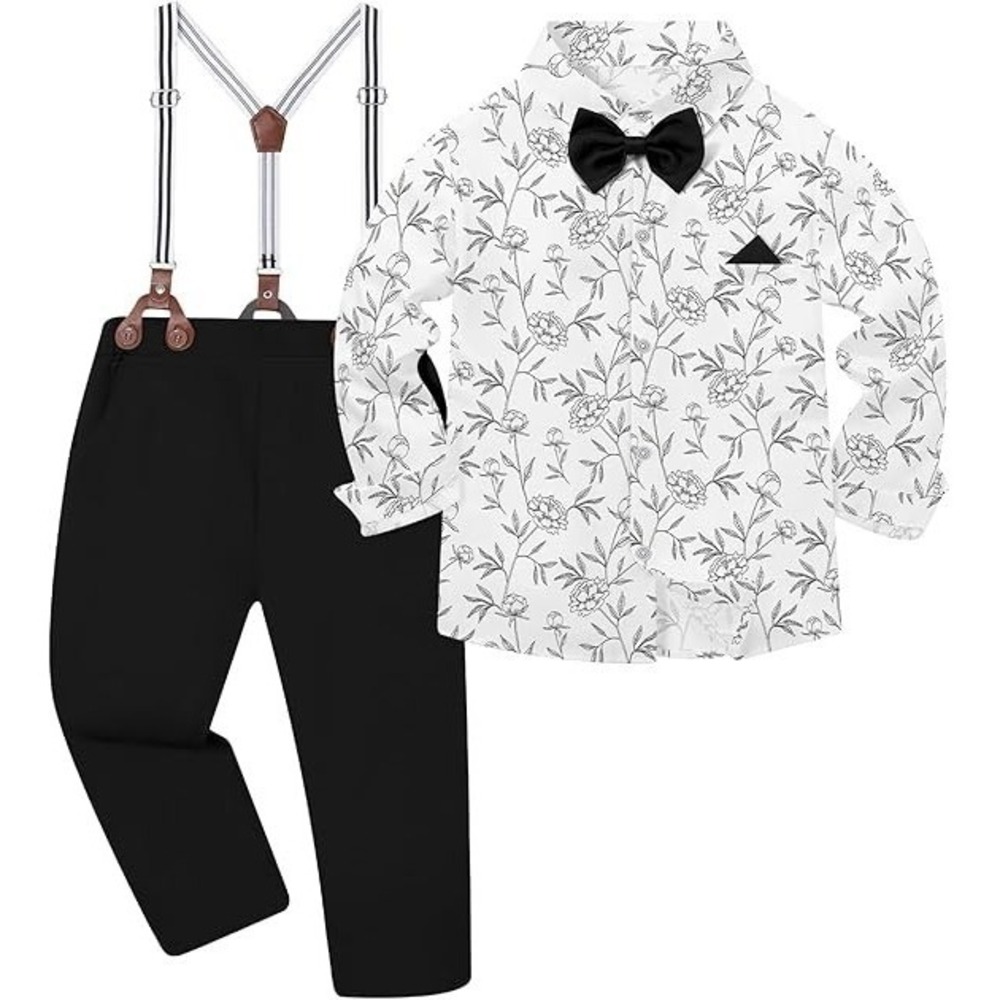 Boy's Suit Ring Bearer Dress Shirt‎ Pants Suspender Tie 7-8 NEW NWT Formal Black